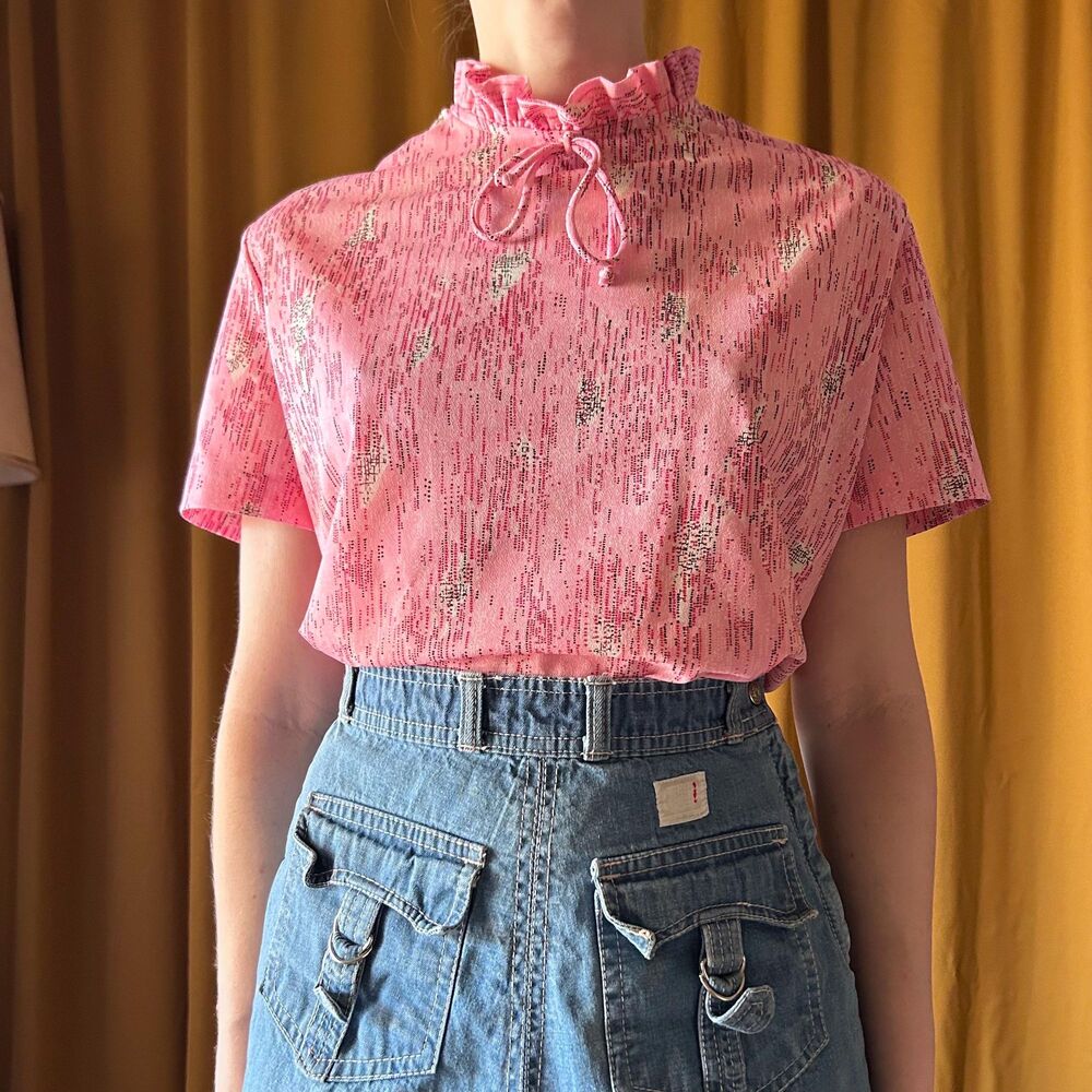 Vintage 70s Pink Ruffle Mock Neck Blouse, XL - Picture 2 of 5